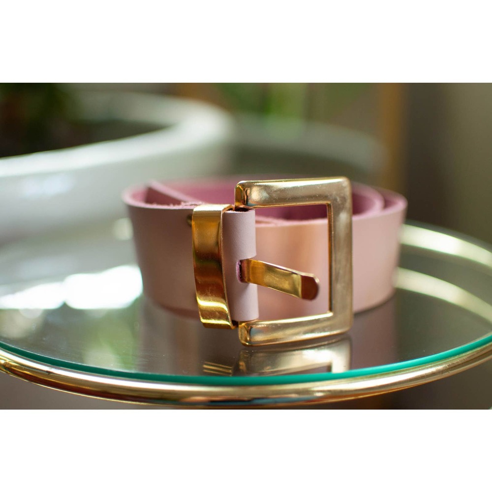 vintage pink leather belt with large buckle